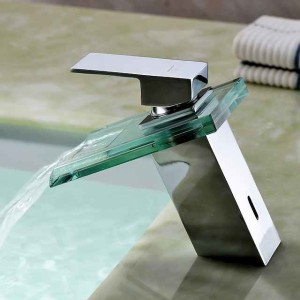 Bathroom Sink Mixer Faucet with Glass Waterfall Spout Chrome Finish Deck Mounted, Vessel Sink Basin Tap Vanity Bathtub Mixer Taps