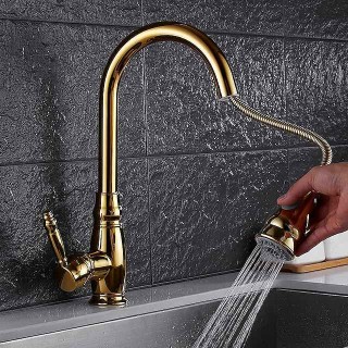 Kitchen Faucet Contemporary Retro Style Ti-PVD Pull-out/­Pull-down Vessel/Brass/Single Handle One Hole