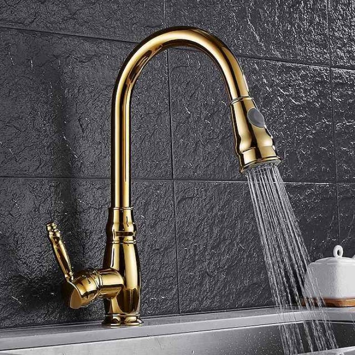 Kitchen Faucet Contemporary Retro Style Ti-PVD Pull-out/­Pull-down Vessel/Brass/Single Handle One Hole