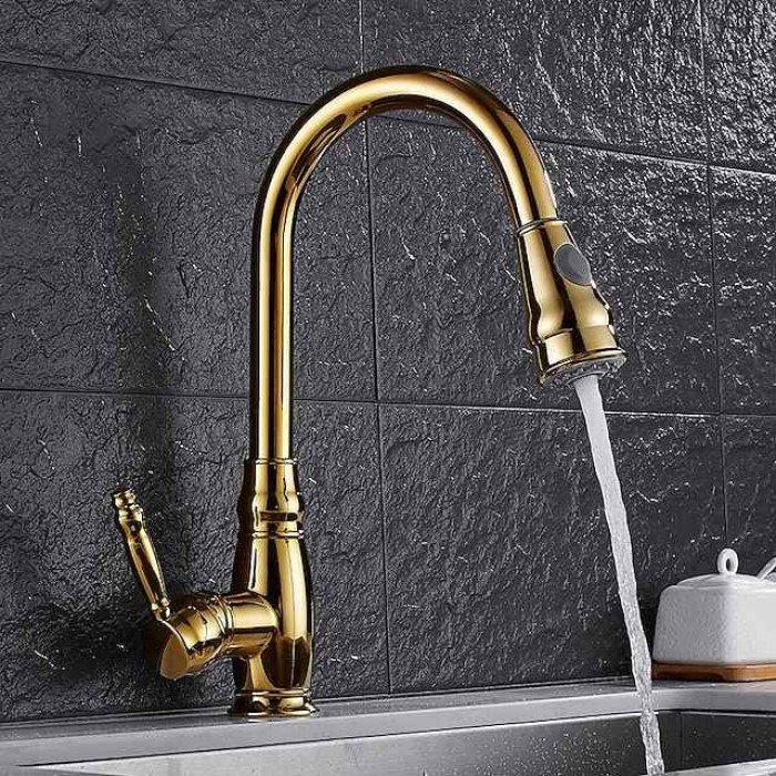 Kitchen Faucet Contemporary Retro Style Ti-PVD Pull-out/­Pull-down Vessel/Brass/Single Handle One Hole