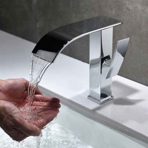 Modern Copper Chromium Plated Waterfall Basin Faucet,Single Handle One Hole Bathroom Sink Faucet with Hot and Cold Switch