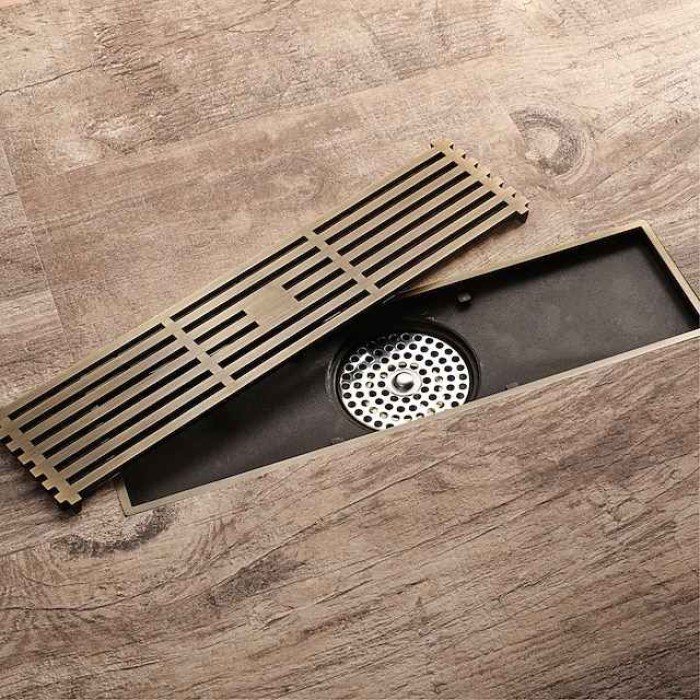 12 Inch Rectangular Linear Shower Drain Bath Floor with Brick Pattern Grate, Brushed Brass Bathroom Floor Drain, Shower Floor Drain Includes Hair Strainer