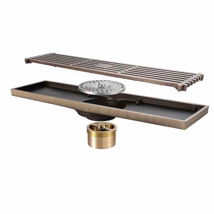 12 Inch Rectangular Linear Shower Drain Bath Floor with Brick Pattern Grate, Brushed Brass Bathroom Floor Drain, Shower Floor Drain Includes Hair Strainer