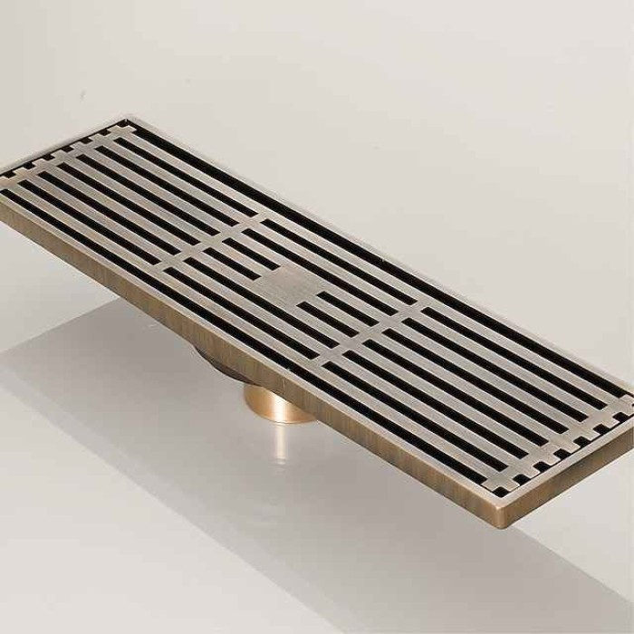 12 Inch Rectangular Linear Shower Drain Bath Floor with Brick Pattern Grate, Brushed Brass Bathroom Floor Drain, Shower Floor Drain Includes Hair Strainer