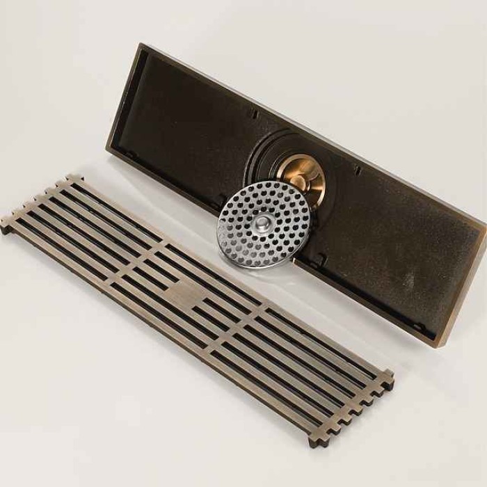 12 Inch Rectangular Linear Shower Drain Bath Floor with Brick Pattern Grate, Brushed Brass Bathroom Floor Drain, Shower Floor Drain Includes Hair Strainer