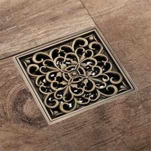 4 inch Shower Floor Drain Square, Removable Brass Insert Grate, Hair Catcher Strainer Black Chrome Golden