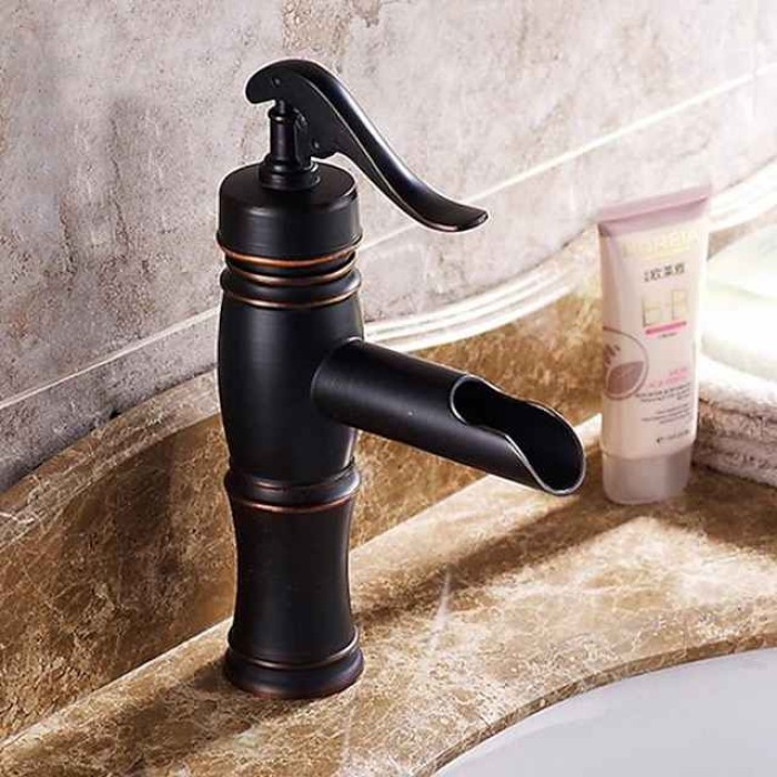 Oil-rubbed Bronze Bathroom Sink Faucet,Black Waterfall Centerset Single Handle One Hole Bath Taps with Hot and Cold Water Switch