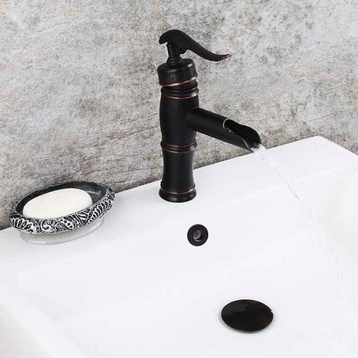 Oil-rubbed Bronze Bathroom Sink Faucet,Black Waterfall Centerset Single Handle One Hole Bath Taps with Hot and Cold Water Switch