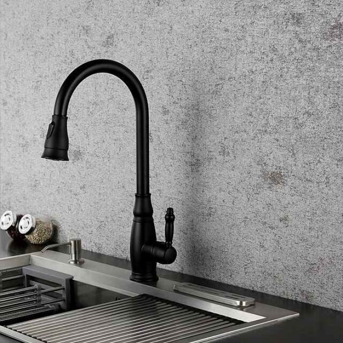 Brass Kitchen Faucet,Single Handle One Hole Oil-rubbed Bronze Pull-out Spray Widespread Tall High Arc Vessel Antique Kitchen Taps with Hot and Cold Switch