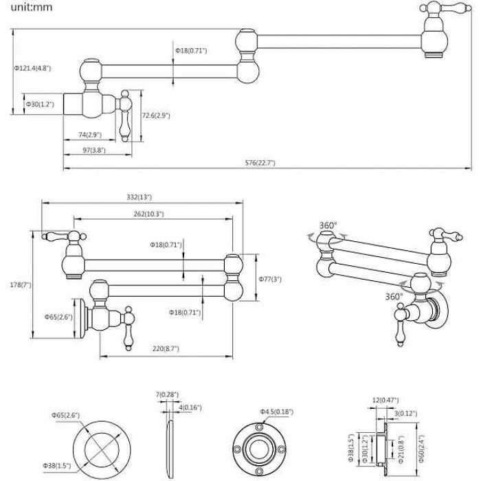 Kitchen Faucet,Wall Mounted Pot Filler Brass Two Handles One Hole Nickel Brushed Foldable Faucet