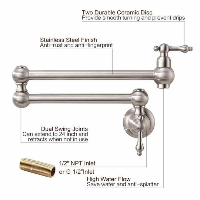 Kitchen Faucet,Wall Mounted Pot Filler Brass Two Handles One Hole Nickel Brushed Foldable Faucet