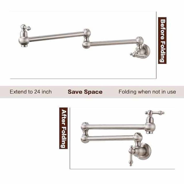 Kitchen Faucet,Wall Mounted Pot Filler Brass Two Handles One Hole Nickel Brushed Foldable Faucet