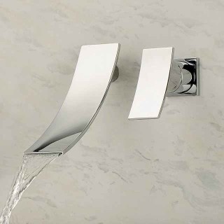 Bathroom Sink Faucet,Modern Style Stainless Steel Slide Shape Design Wall Mount Waterfall Chrome Single Handle Two Holes Bath Taps with Hot and Cold Switch and Valve