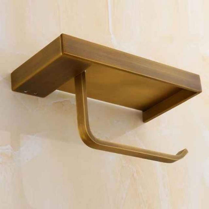 Toilet Paper Holder Antique Brass Solid Copper Wall Mounted Bathroom Roll Paper Holder with Mobile Phone Storage Shelf 1pc