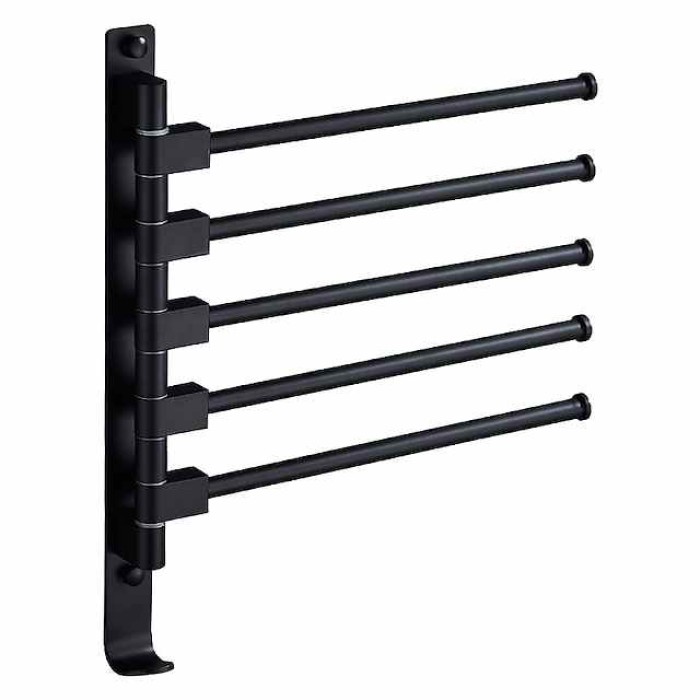 Matte Black Towel Bar with Hook,Self Adhesive Wall Mounted Swing Arm Contemporary Aluminum Multi Rods Towel Bar 1PC