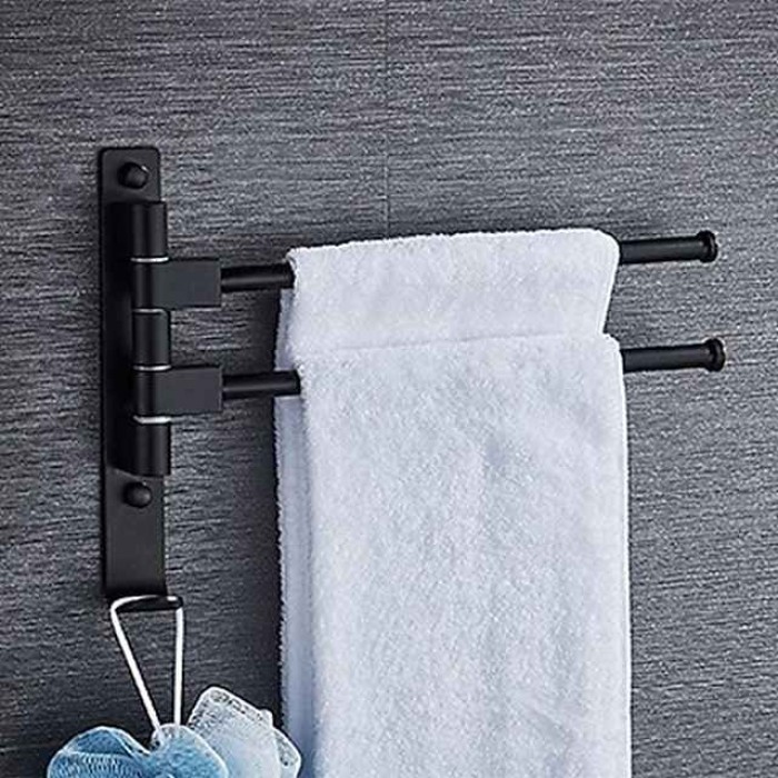 Matte Black Towel Bar with Hook,Self Adhesive Wall Mounted Swing Arm Contemporary Aluminum Multi Rods Towel Bar 1PC