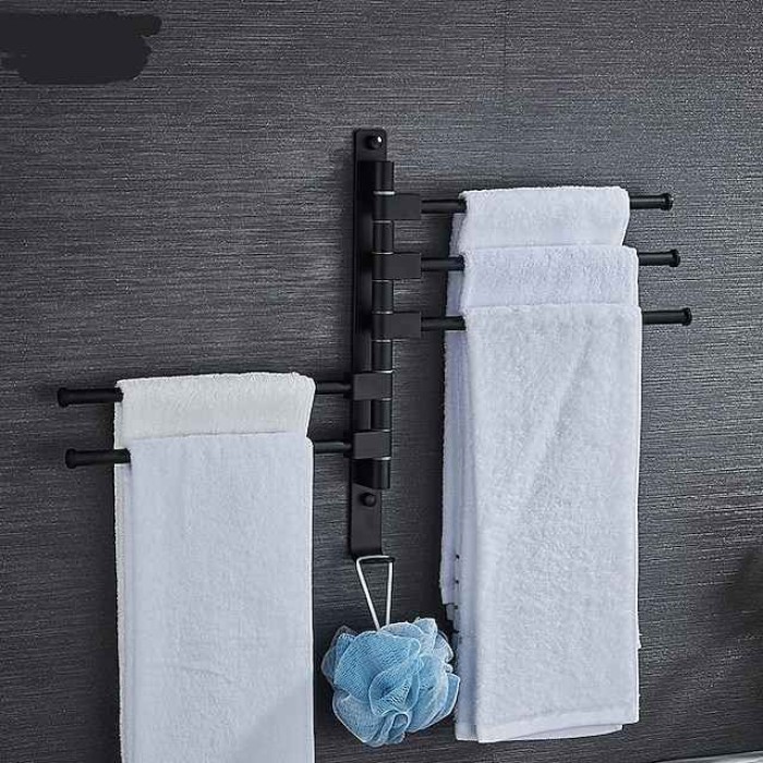 Matte Black Towel Bar with Hook,Self Adhesive Wall Mounted Swing Arm Contemporary Aluminum Multi Rods Towel Bar 1PC