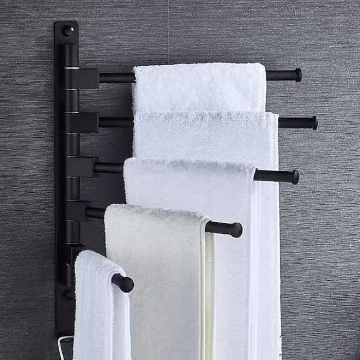 Matte Black Towel Bar with Hook,Self Adhesive Wall Mounted Swing Arm Contemporary Aluminum Multi Rods Towel Bar 1PC