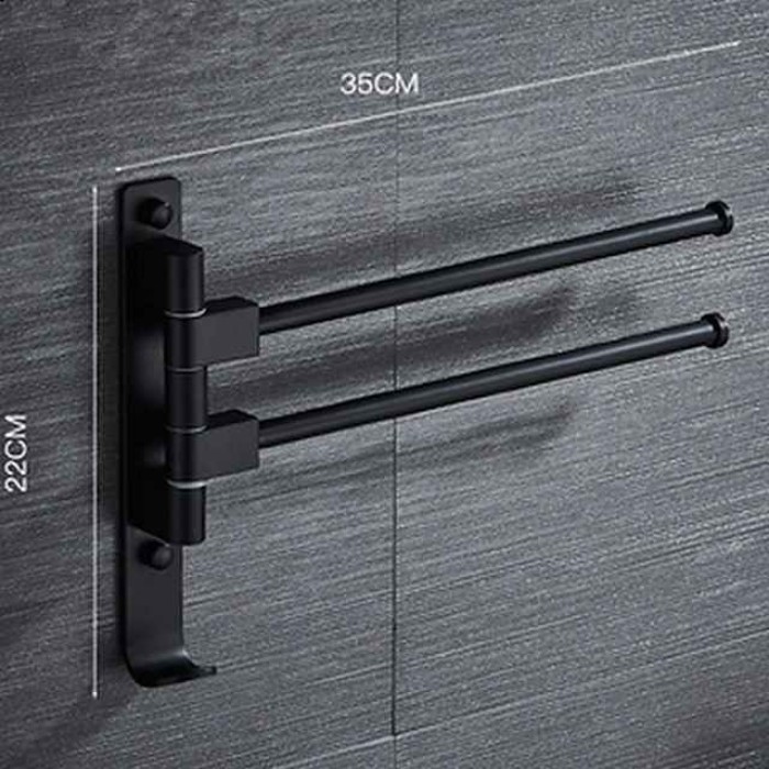 Matte Black Towel Bar with Hook,Self Adhesive Wall Mounted Swing Arm Contemporary Aluminum Multi Rods Towel Bar 1PC