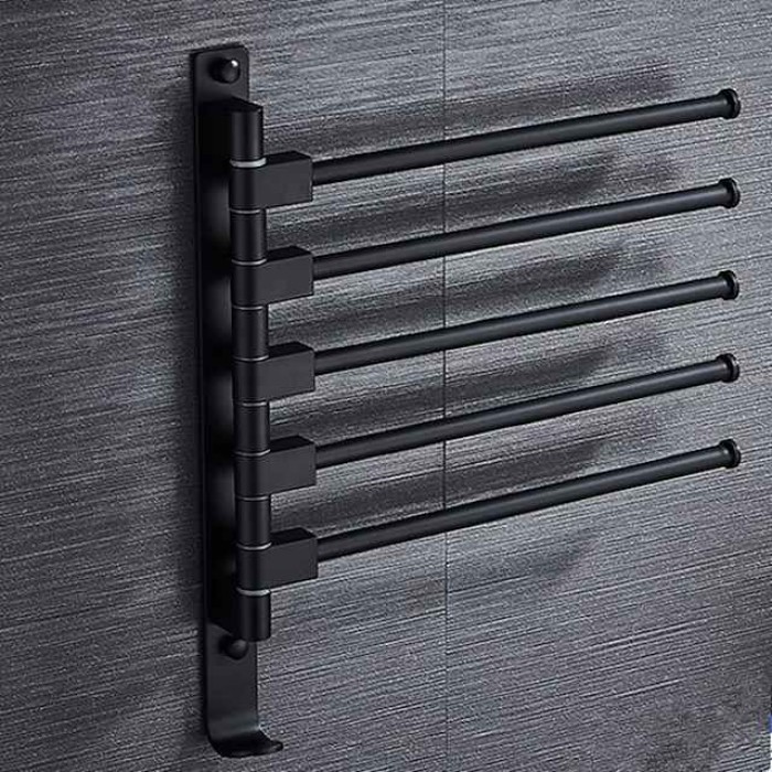 Matte Black Towel Bar with Hook,Self Adhesive Wall Mounted Swing Arm Contemporary Aluminum Multi Rods Towel Bar 1PC