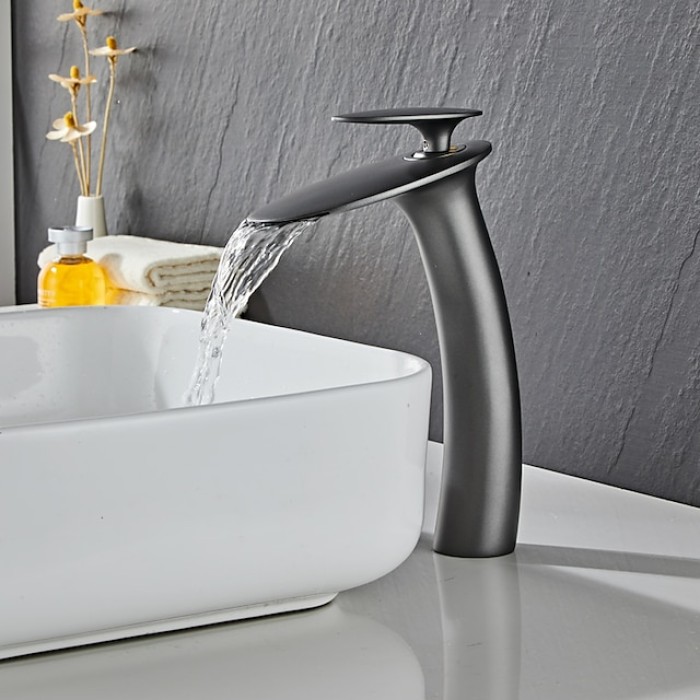 Bathroom Faucet Single Handle Silvery Waterfall Nickel Brushed Sink Faucet Contain with Cold and Hot Water Mixer