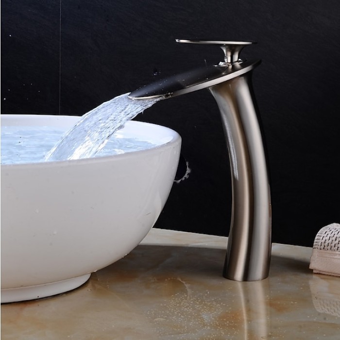 Bathroom Faucet Single Handle Silvery Waterfall Nickel Brushed Sink Faucet Contain with Cold and Hot Water Mixer