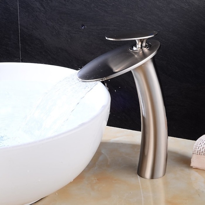 Bathroom Faucet Single Handle Silvery Waterfall Nickel Brushed Sink Faucet Contain with Cold and Hot Water Mixer