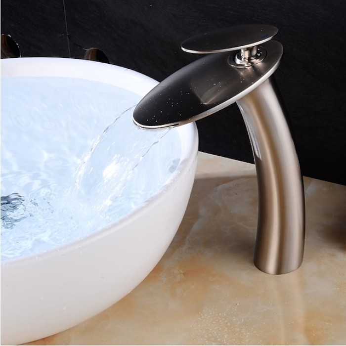 Bathroom Faucet Single Handle Silvery Waterfall Nickel Brushed Sink Faucet Contain with Cold and Hot Water Mixer