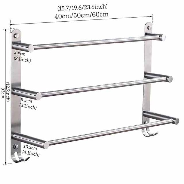 Towel Holder with Hooks for Bathroom,3-Tiers Wall Mounted Stainless Steel Brushed Nickel Towel Rack Rustproof Towel Bar 40/50/60CM(Silvery)