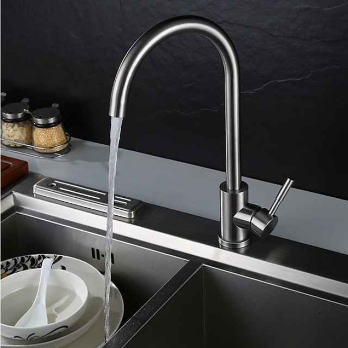 Stainless Steel Kitchen Faucet,Nickel Brushed Free Standing Single Handle One Hole Standard Spout High Arc 360° Rotatable Bathroom Sink Faucet with Hot and Cold Water Switch