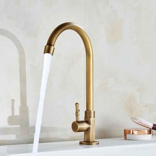 Traditional Kitchen Sink Faucet Cold Water Only, Retro Brass Single Handle Kitchen Tap Golden Electroplated Standard Spout