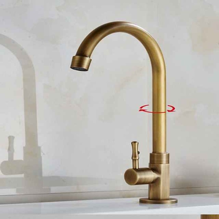 Traditional Kitchen Sink Faucet Cold Water Only, Retro Brass Single Handle Kitchen Tap Golden Electroplated Standard Spout