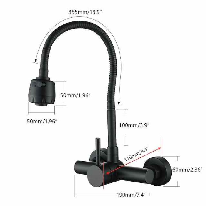 Wall Mount Kitchen Sink Mixer Faucet with Sprayer Kitchen Faucet Stainless Steel Pot Filler Taps, 360 Swivel Polished Black/Chrome Single Handle Mixer Vessel Tap