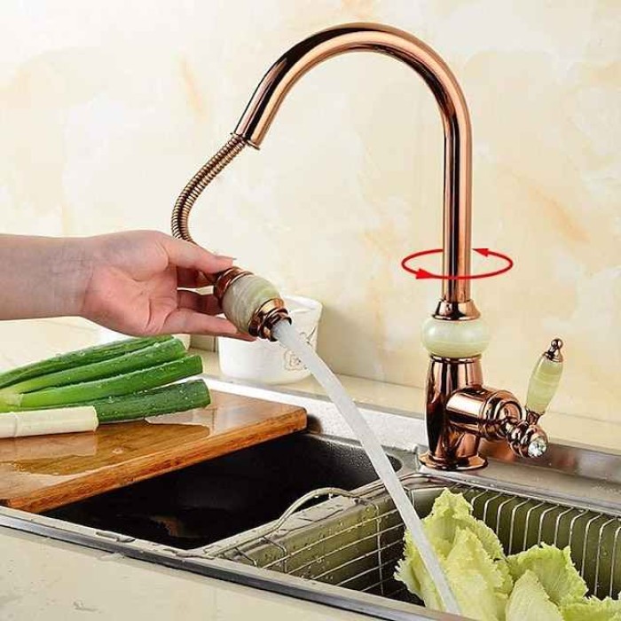 Traditional Kitchen Faucet with Pull Out Sprayer Rose Golden, 360 Swivel Brass Single Handle One Hole Pull Down Kitchen Taps with Hot and Cold Water Vintage Retro Style