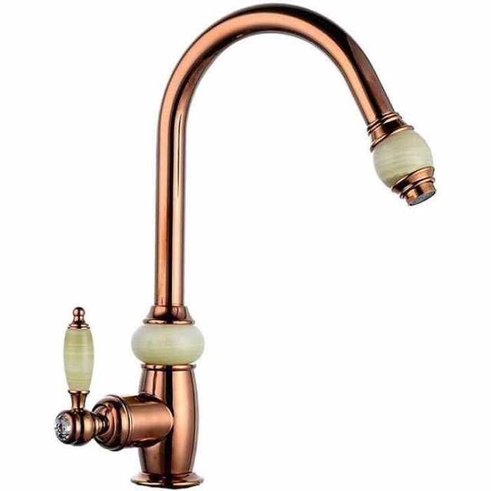 Traditional Kitchen Faucet with Pull Out Sprayer Rose Golden, 360 Swivel Brass Single Handle One Hole Pull Down Kitchen Taps with Hot and Cold Water Vintage Retro Style