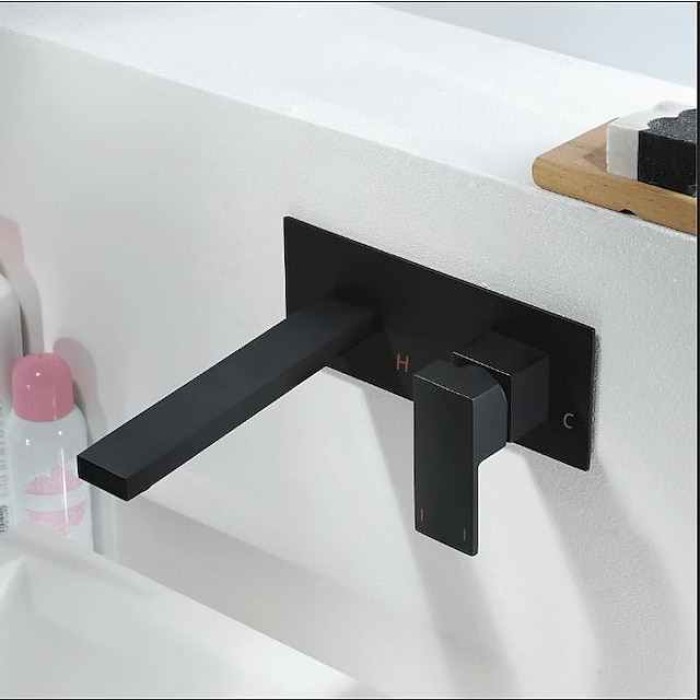 Brass Wall Mount Bathroom Sink Faucet,Black Single Handle One Hole Bath Taps with Hot and Cold Switch