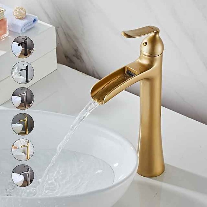 Waterfall Bathroom Faucet, Rustic Nickel Single Handle One Hole Brass Waterfall Bathroom Sink Faucet with Hot and Cold Water