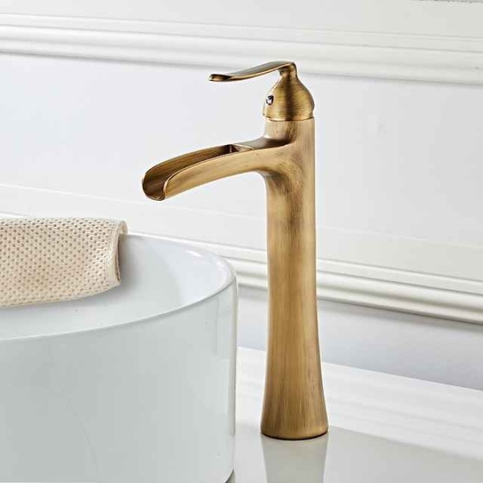 Waterfall Bathroom Faucet, Rustic Nickel Single Handle One Hole Brass Waterfall Bathroom Sink Faucet with Hot and Cold Water