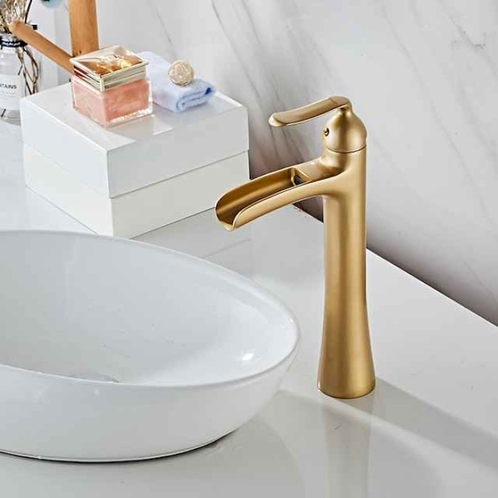 Waterfall Bathroom Faucet, Rustic Nickel Single Handle One Hole Brass Waterfall Bathroom Sink Faucet with Hot and Cold Water