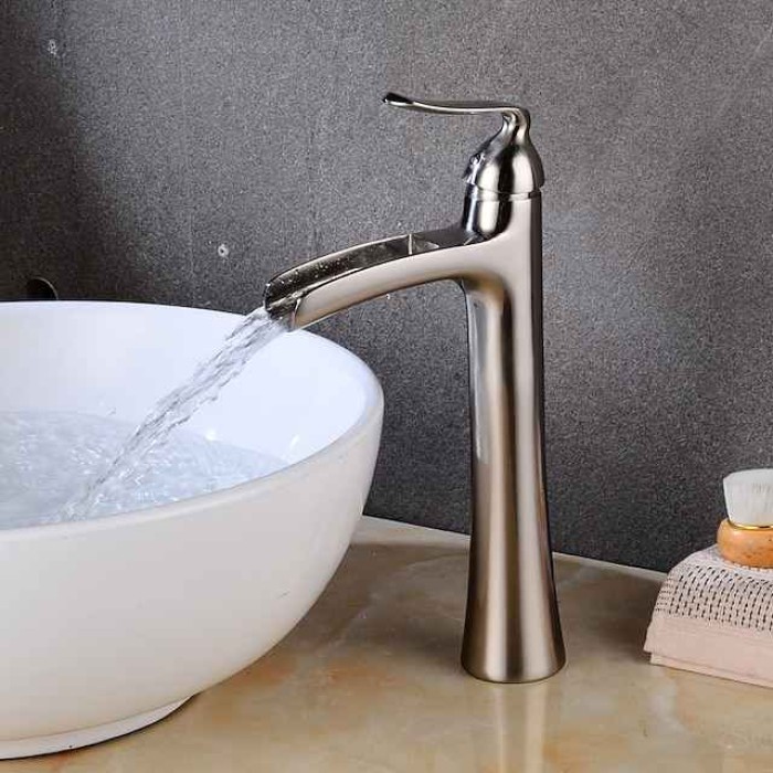 Waterfall Bathroom Faucet, Rustic Nickel Single Handle One Hole Brass Waterfall Bathroom Sink Faucet with Hot and Cold Water