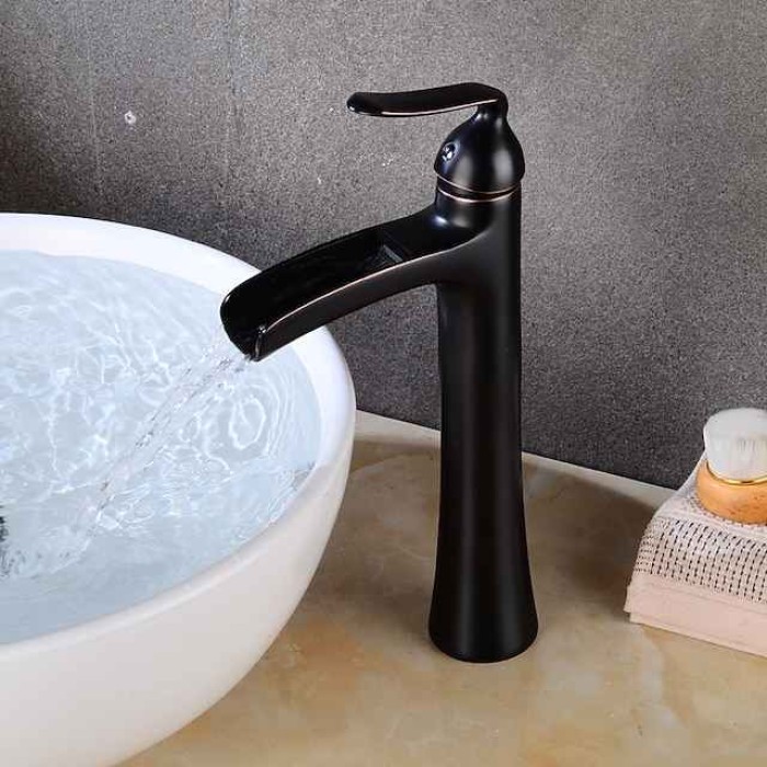 Waterfall Bathroom Faucet, Rustic Nickel Single Handle One Hole Brass Waterfall Bathroom Sink Faucet with Hot and Cold Water