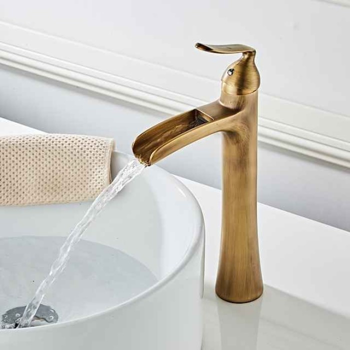 Waterfall Bathroom Faucet, Rustic Nickel Single Handle One Hole Brass Waterfall Bathroom Sink Faucet with Hot and Cold Water