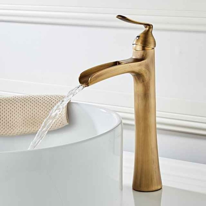 Waterfall Bathroom Faucet, Rustic Nickel Single Handle One Hole Brass Waterfall Bathroom Sink Faucet with Hot and Cold Water