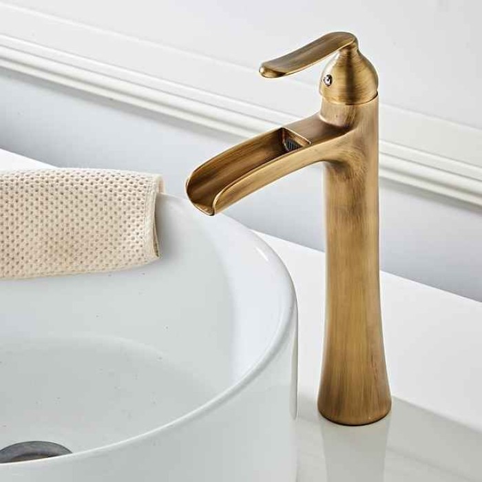 Waterfall Bathroom Faucet, Rustic Nickel Single Handle One Hole Brass Waterfall Bathroom Sink Faucet with Hot and Cold Water