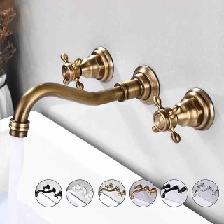 Wall Mounted Bathroom Sink Mixer Faucet, Widespread Basin Taps Vintage Brass 2 Handles 3 Holes Washroom Wash Baxin Tap with Cold Hot Water Hose Retro Antique