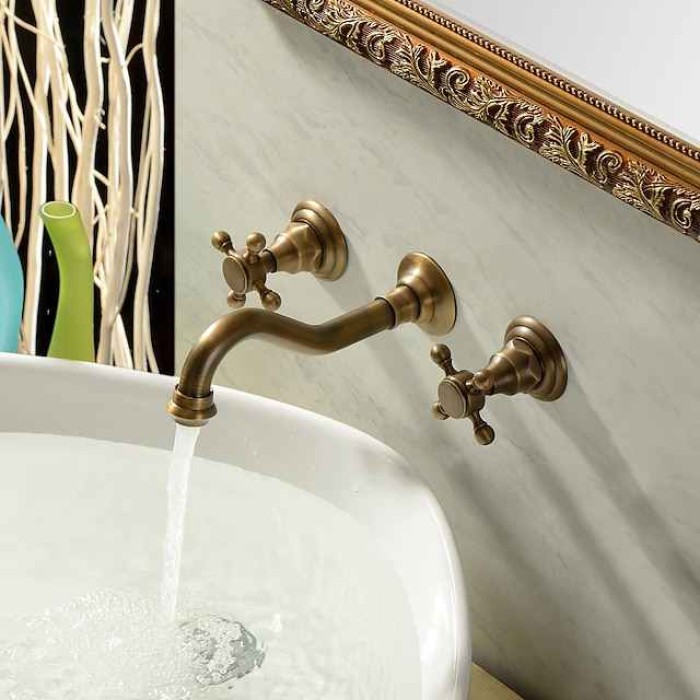 Wall Mounted Bathroom Sink Mixer Faucet, Widespread Basin Taps Vintage Brass 2 Handles 3 Holes Washroom Wash Baxin Tap with Cold Hot Water Hose Retro Antique