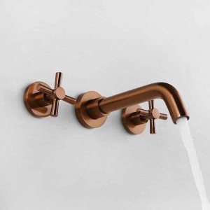 Brass Bathroom Sink Faucet，Wall Mount Widespread Rotatable Rose Gold Two Handles Three HolesBath Taps With Hot and Cold Water