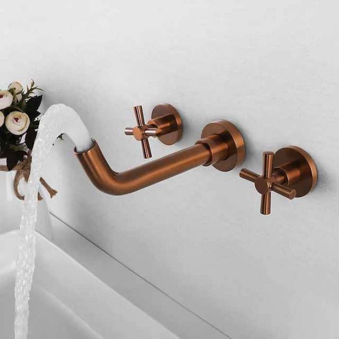 Brass Bathroom Sink Faucet，Wall Mount Widespread Rotatable Rose Gold Two Handles Three HolesBath Taps With Hot and Cold Water