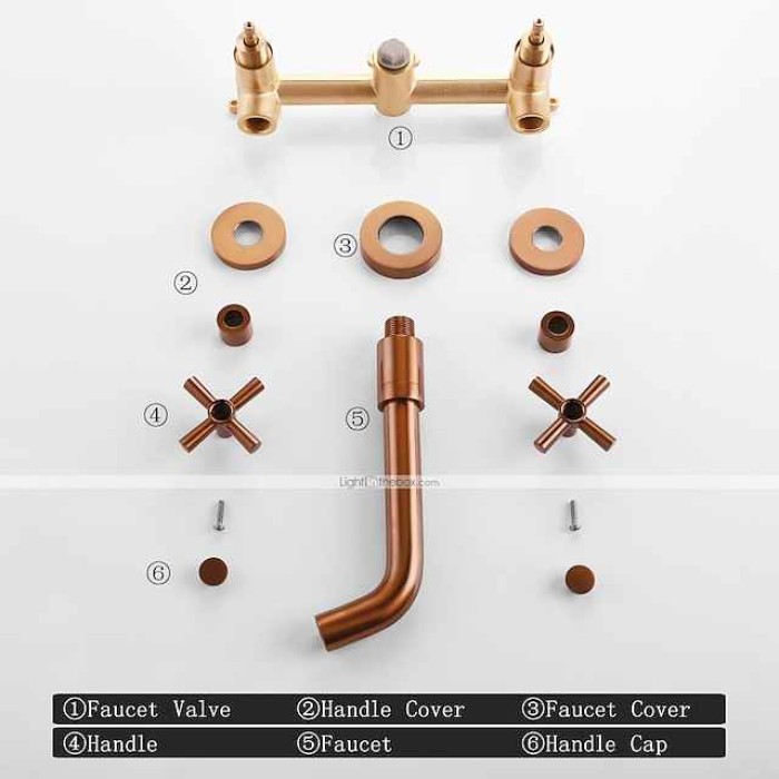 Brass Bathroom Sink Faucet，Wall Mount Widespread Rotatable Rose Gold Two Handles Three HolesBath Taps With Hot and Cold Water