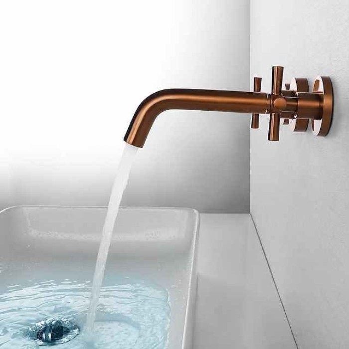 Brass Bathroom Sink Faucet，Wall Mount Widespread Rotatable Rose Gold Two Handles Three HolesBath Taps With Hot and Cold Water